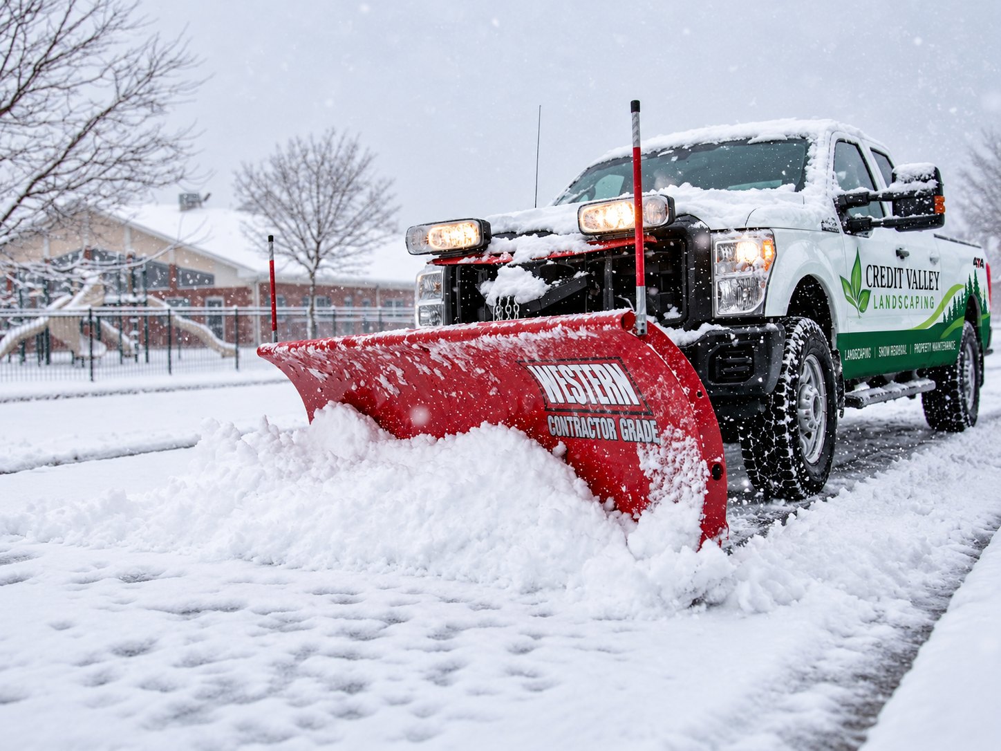 Illustrative image of snow plow clearing snow near a small property access road, with Credit Valley Landscaping concept branding