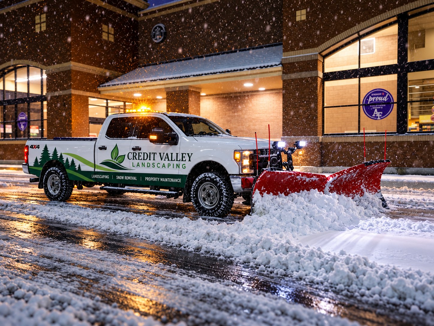 Illustration of a Credit Valley Landscaping branded pickup with a front snow plow operating during snowfall at night